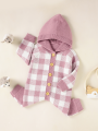 Newborn Hooded Knit Jumpsuit, Toddler Casual Plaid Pattern Long Sleeve Button Romper. 