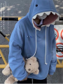 Women's Spring Autumn Drawstring Hoodie Long Sleeve Shark Hooded Sweatshirt with One Pocket. 