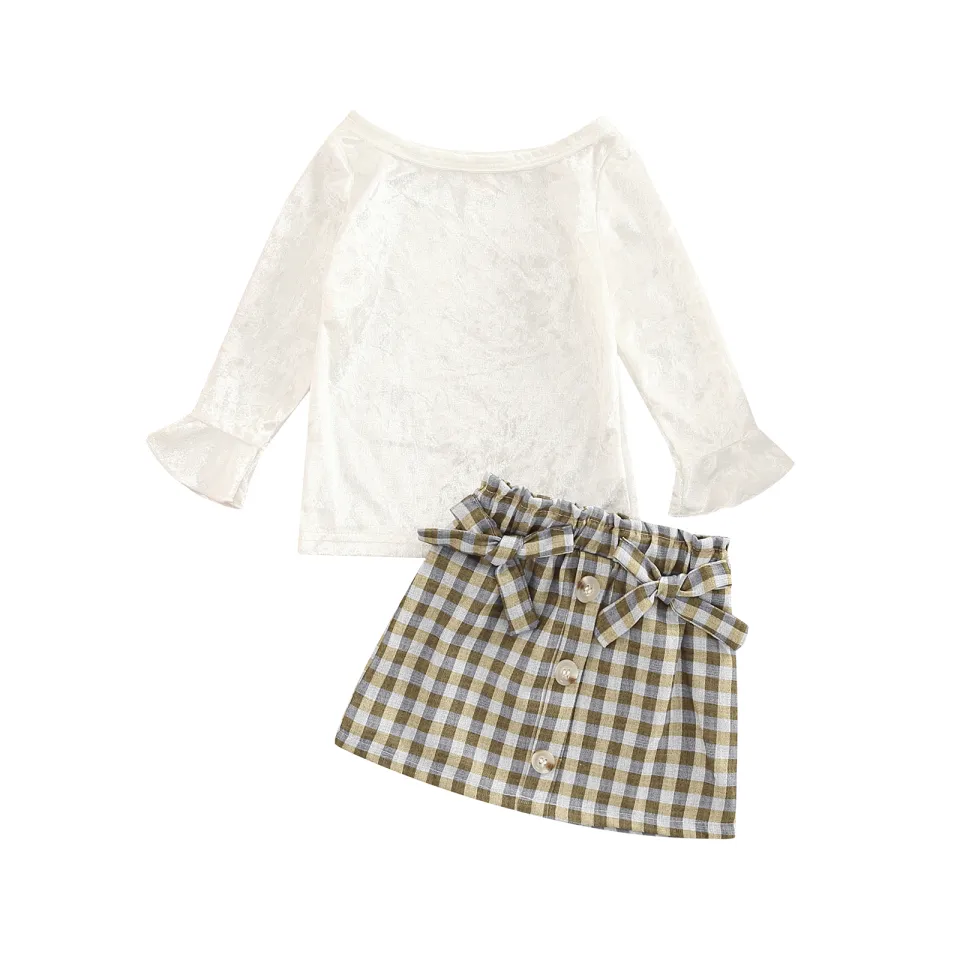 Kid Girl Outfits Set, Round Neck Ruffle Long Sleeve Solid Color