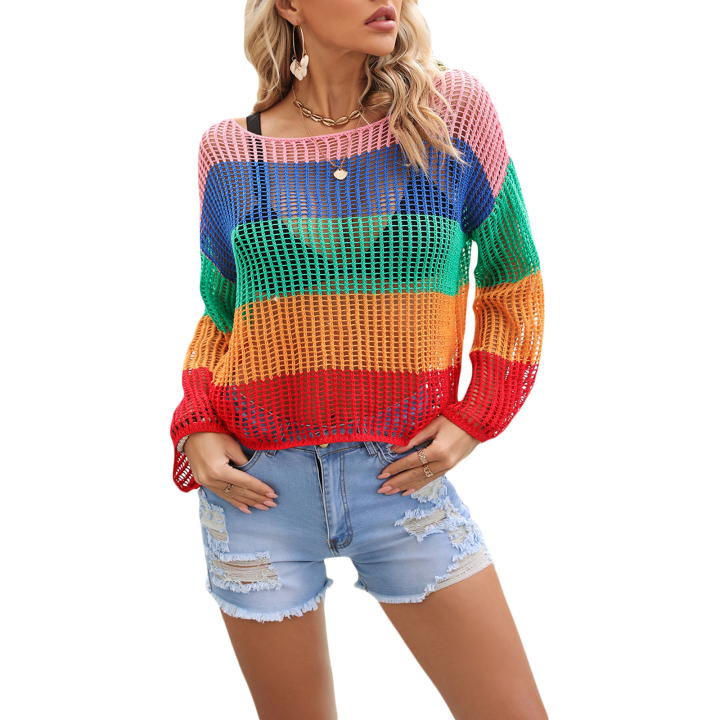 Women%20Knit%20T-shirt,%20Long%20Sleeve%20Crew%20Neck%20Hollowed%20Contrast%20Color%20Summer%20Cover-up%20Pullover%20-%20Image%202