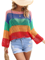 Women Knit T-shirt, Long Sleeve Crew Neck Hollowed Contrast Color Summer Cover-up Pullover. 