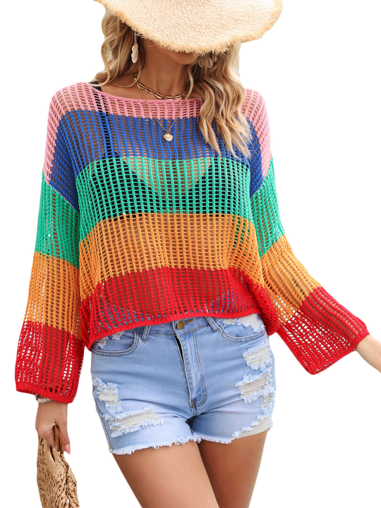 Women%20Knit%20T-shirt,%20Long%20Sleeve%20Crew%20Neck%20Hollowed%20Contrast%20Color%20Summer%20Cover-up%20Pullover%20-%20Image%209