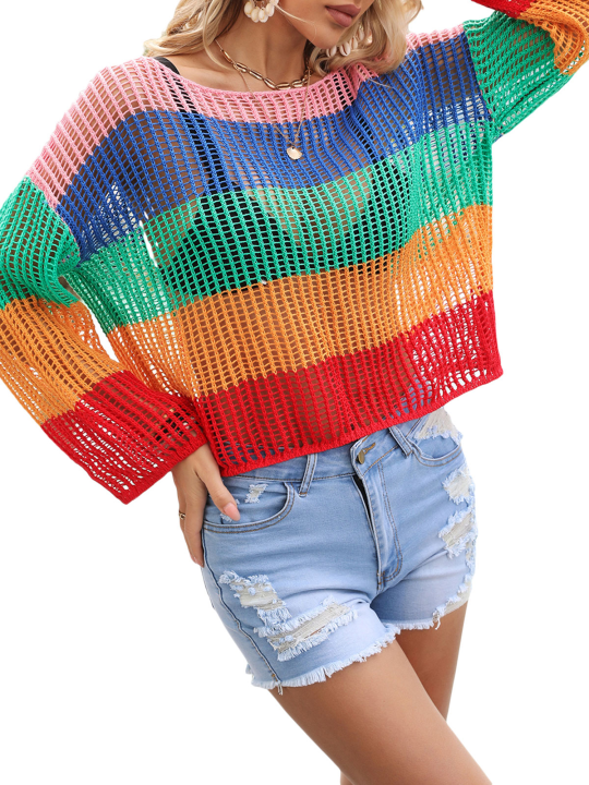 Women%20Knit%20T-shirt,%20Long%20Sleeve%20Crew%20Neck%20Hollowed%20Contrast%20Color%20Summer%20Cover-up%20Pullover%20-%20Image%208