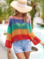 Women Knit T-shirt, Long Sleeve Crew Neck Hollowed Contrast Color Summer Cover-up Pullover. 