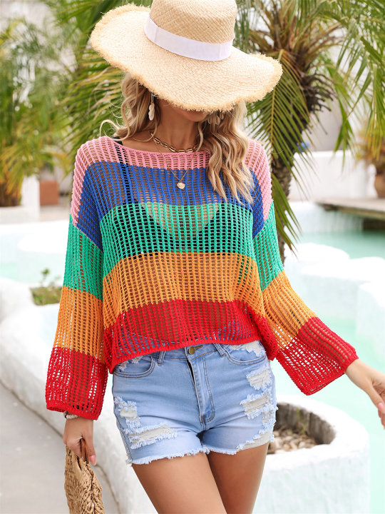 Women%20Knit%20T-shirt,%20Long%20Sleeve%20Crew%20Neck%20Hollowed%20Contrast%20Color%20Summer%20Cover-up%20Pullover%20-%20Image%206