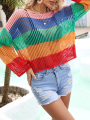 Women Knit T-shirt, Long Sleeve Crew Neck Hollowed Contrast Color Summer Cover-up Pullover. 
