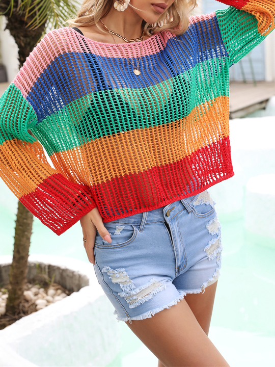 Women%20Knit%20T-shirt,%20Long%20Sleeve%20Crew%20Neck%20Hollowed%20Contrast%20Color%20Summer%20Cover-up%20Pullover%20-%20Image%205