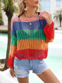Women Knit T-shirt, Long Sleeve Crew Neck Hollowed Contrast Color Summer Cover-up Pullover. 