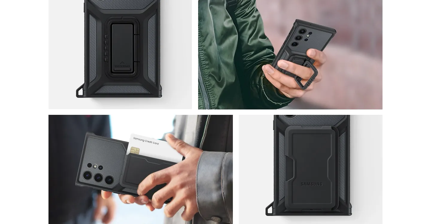 Selection of detachable accessories that can be used with the Rugged Gadget Case including camera grip stand, slim stand and card slot stand.