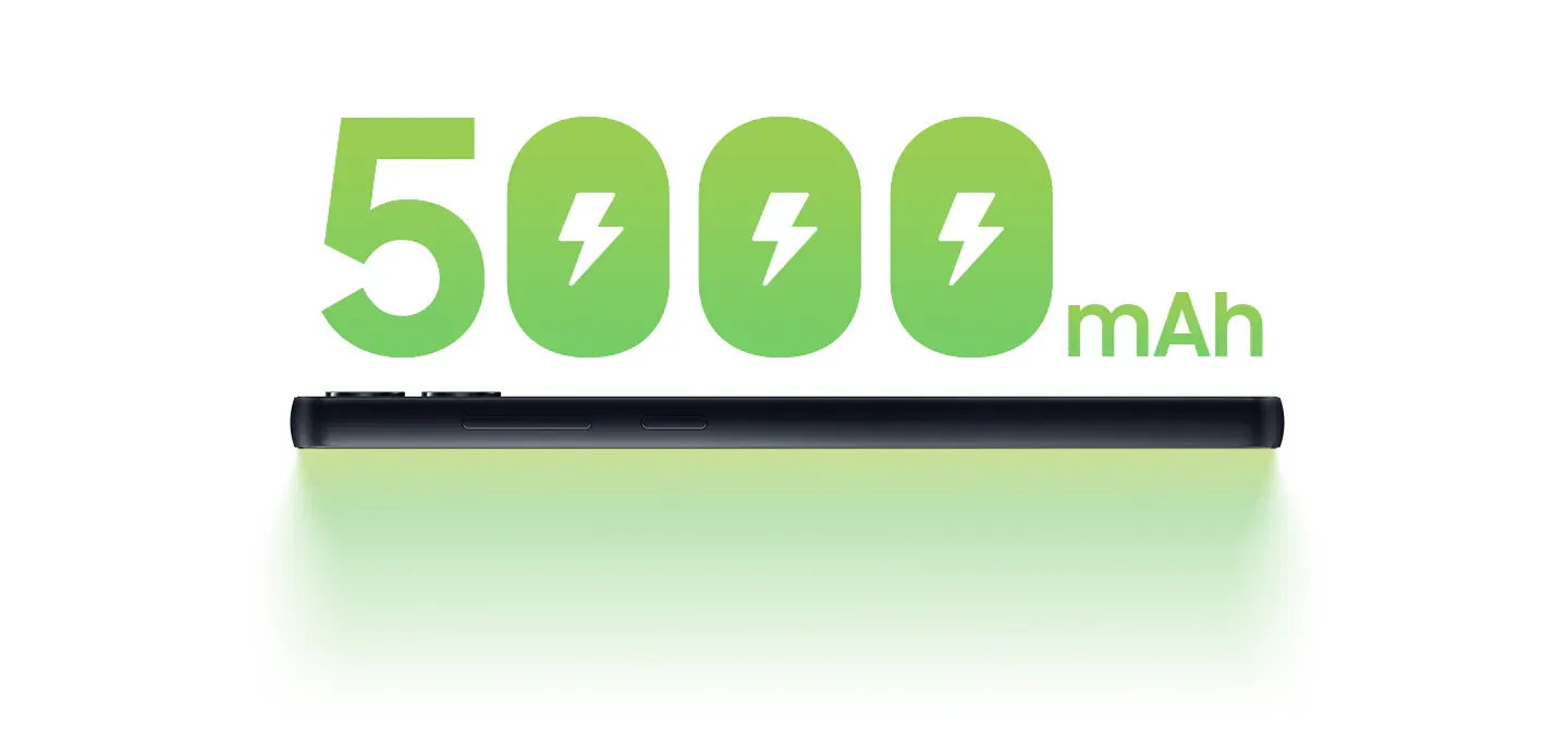 A horizontal side view of the Galaxy A05 is shown with '5000 mAh' above it in large, green letters.