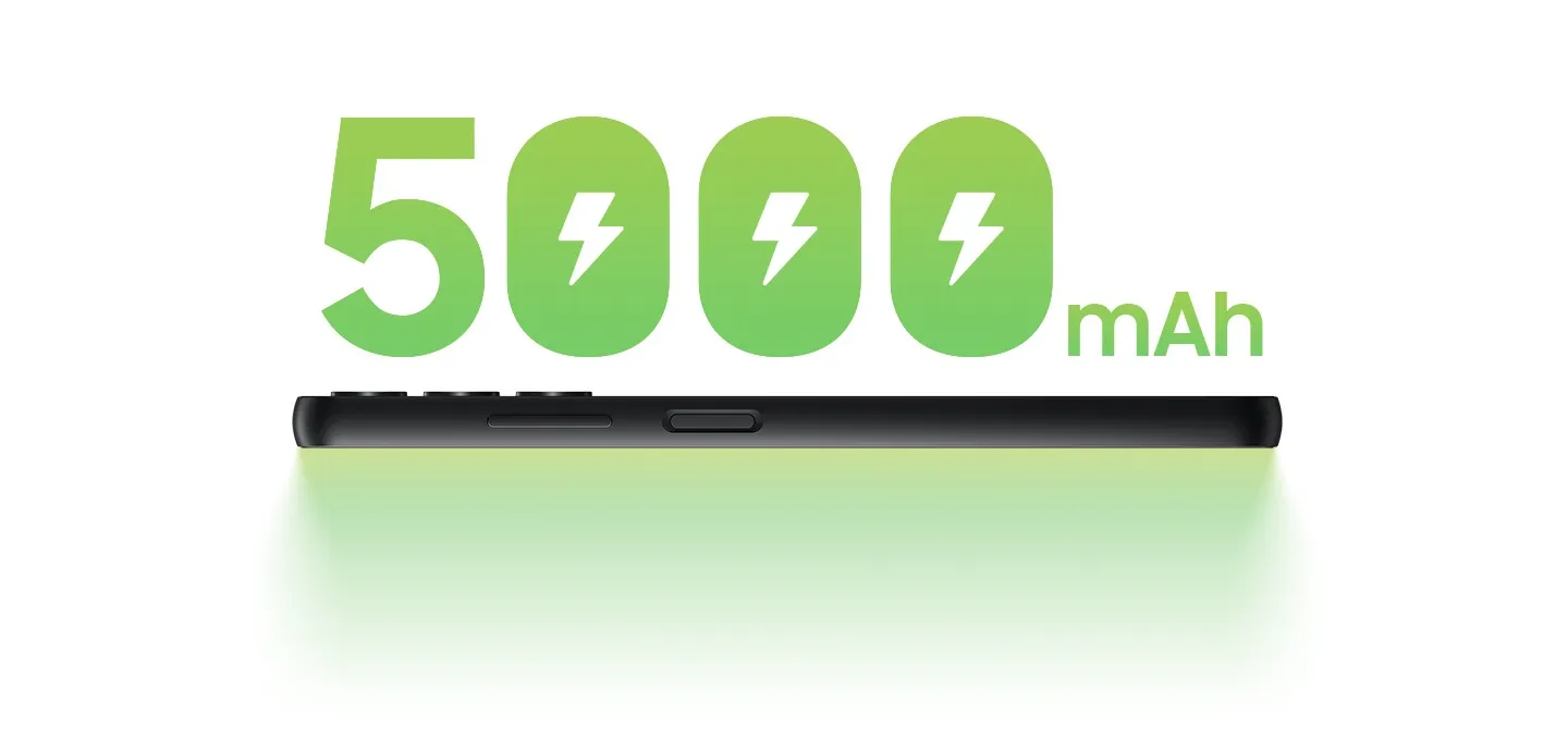 A horizontal side view of the Galaxy A05s is shown with '5000 mAh' above it in large, green letters.