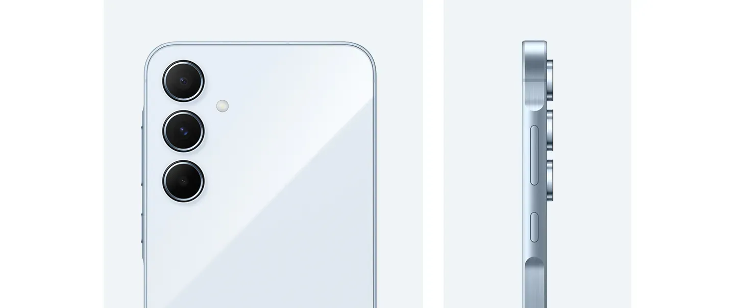 A Galaxy A55 5G in Awesome Iceblue is showing its camera layout, rear view of the camera layout, and the side view of the device.