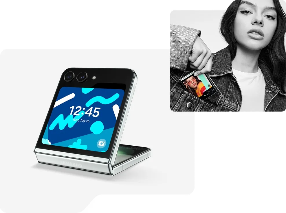 Galaxy Z Flip5 in Flex Mode and seen from the Flex Window with a frame clock style on its display. A woman pulls a folded Galaxy Z Flip5 from her jacket's front pocket. Its display shows a customised frame clock style Flex Window.