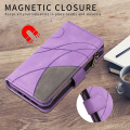 Wallet Case for Samsung Galaxy S22+ Plus 5G SM-S906, Splicing PU Leather Flip Wallet Zipper Purse Case 9 Card Slots with Wrist Strap, Purple. 
