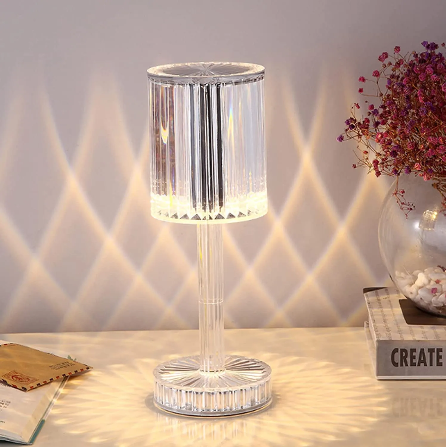 Citaaz Crystal Table Lamp, Touch Control Decorative Table Light, Chargable Nightstand Acrylic Lamps with Battery, 3-Ways Dimmable, 3 Adjustable Colors, for Bedroom/Bar/Restaurant