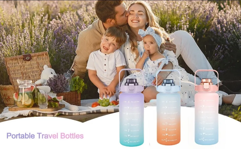 2000ml Sports Water Bottle With Straw & Time Marker - Leak Proof, Gradient Color, With Phone Holder Handle - View #9