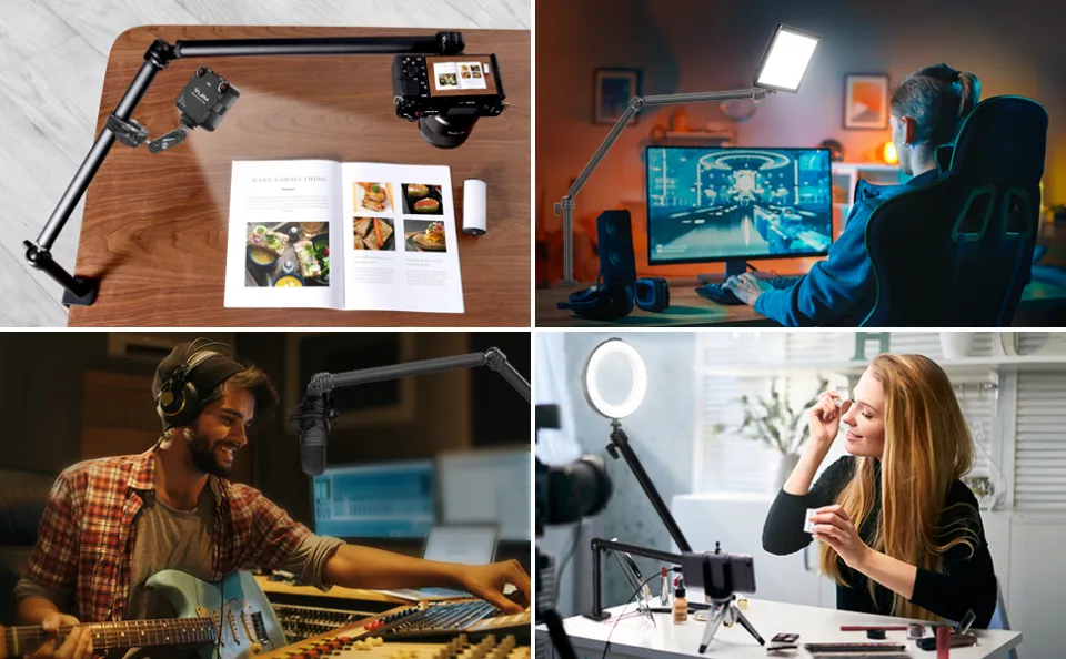 LS08 Flexible Overhead Camera Mount Desk Stand, Webcam Stand Microphone Boom Arm Tabletop Photography Videography Live Stream Table Clamp Mount