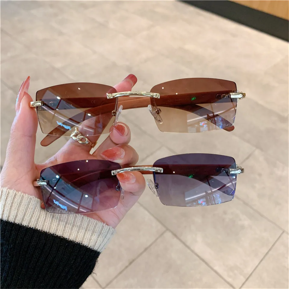 Rectangle Fashion Rimless Sunglasses For Women Men Gangster 90s Frameless Shades Retro Vintage Trendy Wooden Frame Eyewear