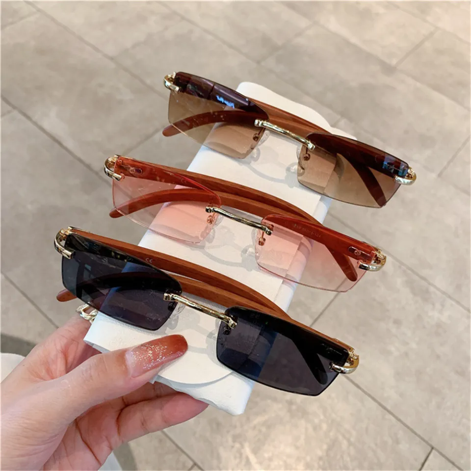 Rectangle Fashion Rimless Sunglasses For Women Men Gangster 90s Frameless Shades Retro Vintage Trendy Wooden Frame Eyewear