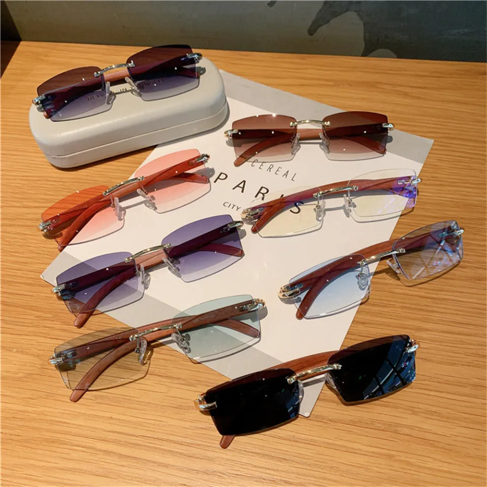 Rectangle Fashion Rimless Sunglasses For Women Men Gangster 90s Frameless Shades Retro Vintage Trendy Wooden Frame Eyewear