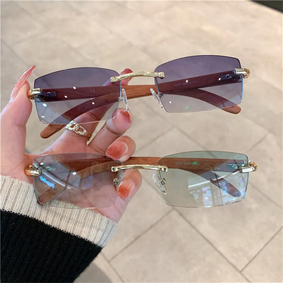Rectangle Fashion Rimless Sunglasses For Women Men Gangster 90s Frameless Shades Retro Vintage Trendy Wooden Frame Eyewear