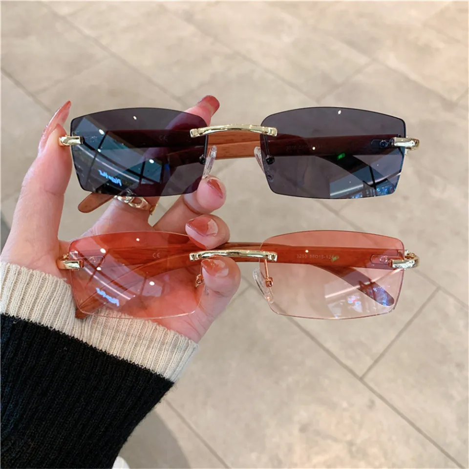Rectangle Fashion Rimless Sunglasses For Women Men Gangster 90s Frameless Shades Retro Vintage Trendy Wooden Frame Eyewear