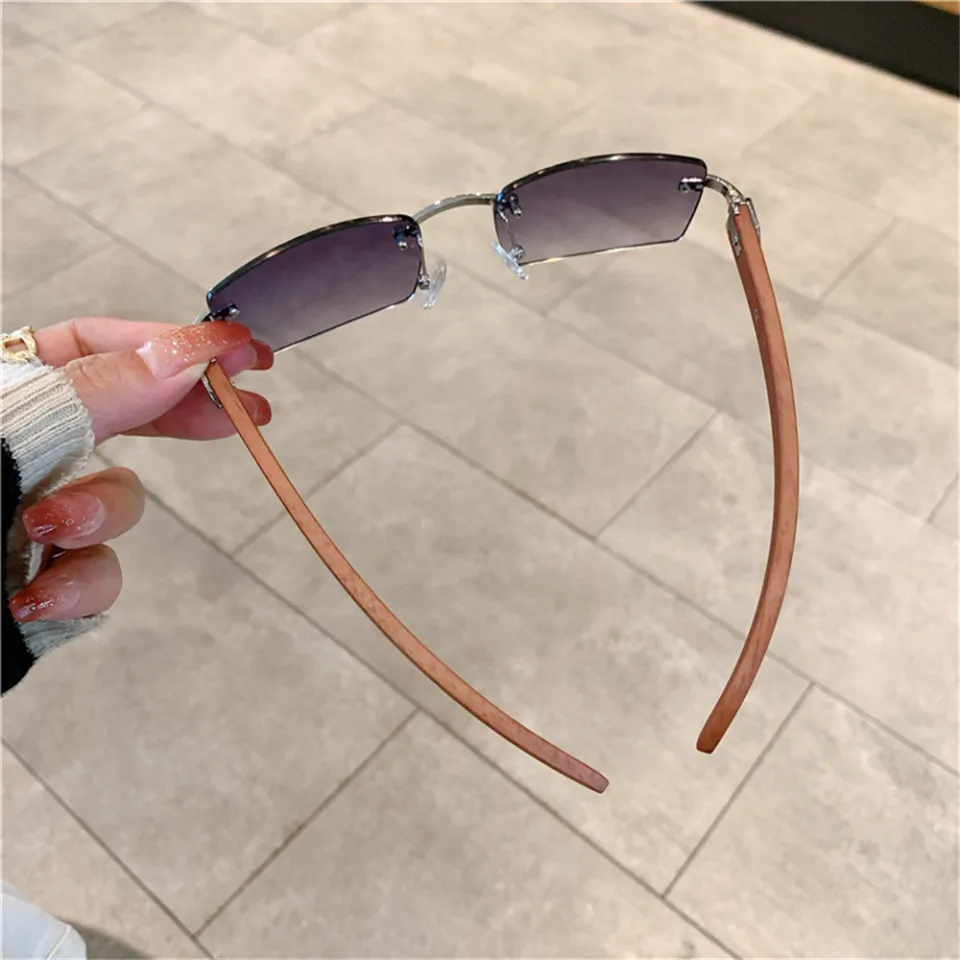 Rectangle Fashion Rimless Sunglasses For Women Men Gangster 90s Frameless Shades Retro Vintage Trendy Wooden Frame Eyewear
