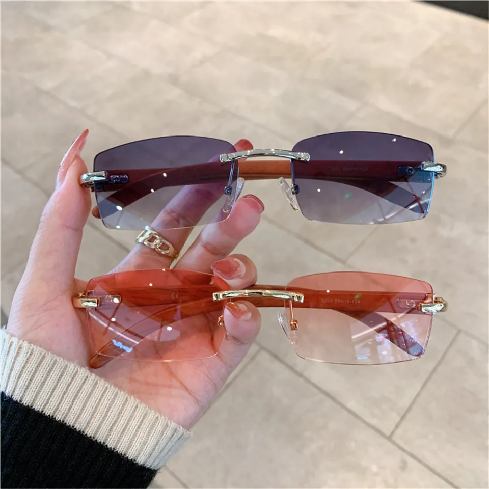 Rectangle Fashion Rimless Sunglasses For Women Men Gangster 90s Frameless Shades Retro Vintage Trendy Wooden Frame Eyewear