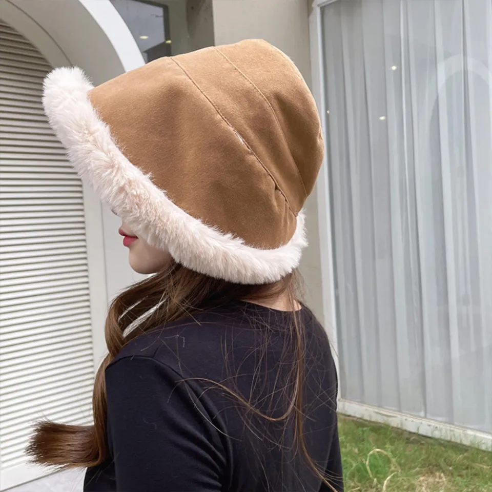 Cute Fluffy Bucket Hats For Girls Thickening Winter Bucket Hats For Women Warm Winter Bucket Hats For Women Outdoor Winter Hats With Warm Plush Hem Soft Faux Fur Fisherman Caps Daraz.pk