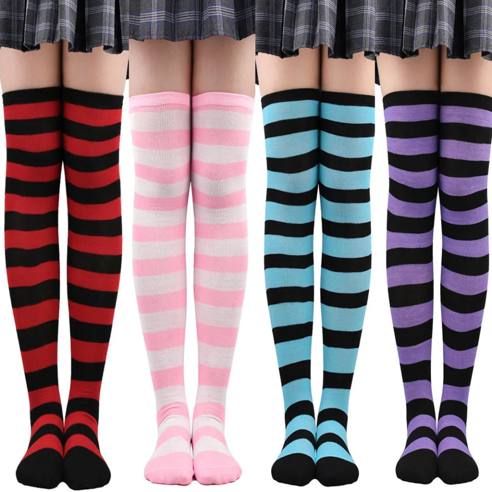 Black And White Striped Thigh-high Socks Knitted Warm Socks For Ladies  Striped Thigh-high Hosiery Women's Knee-high Socks Long Cotton Stockings  For