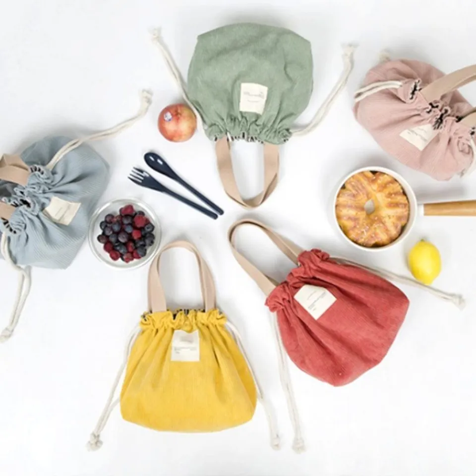 Corduroy Canvas Thermal Lunch Box Drawstring Picnic Tote Eco