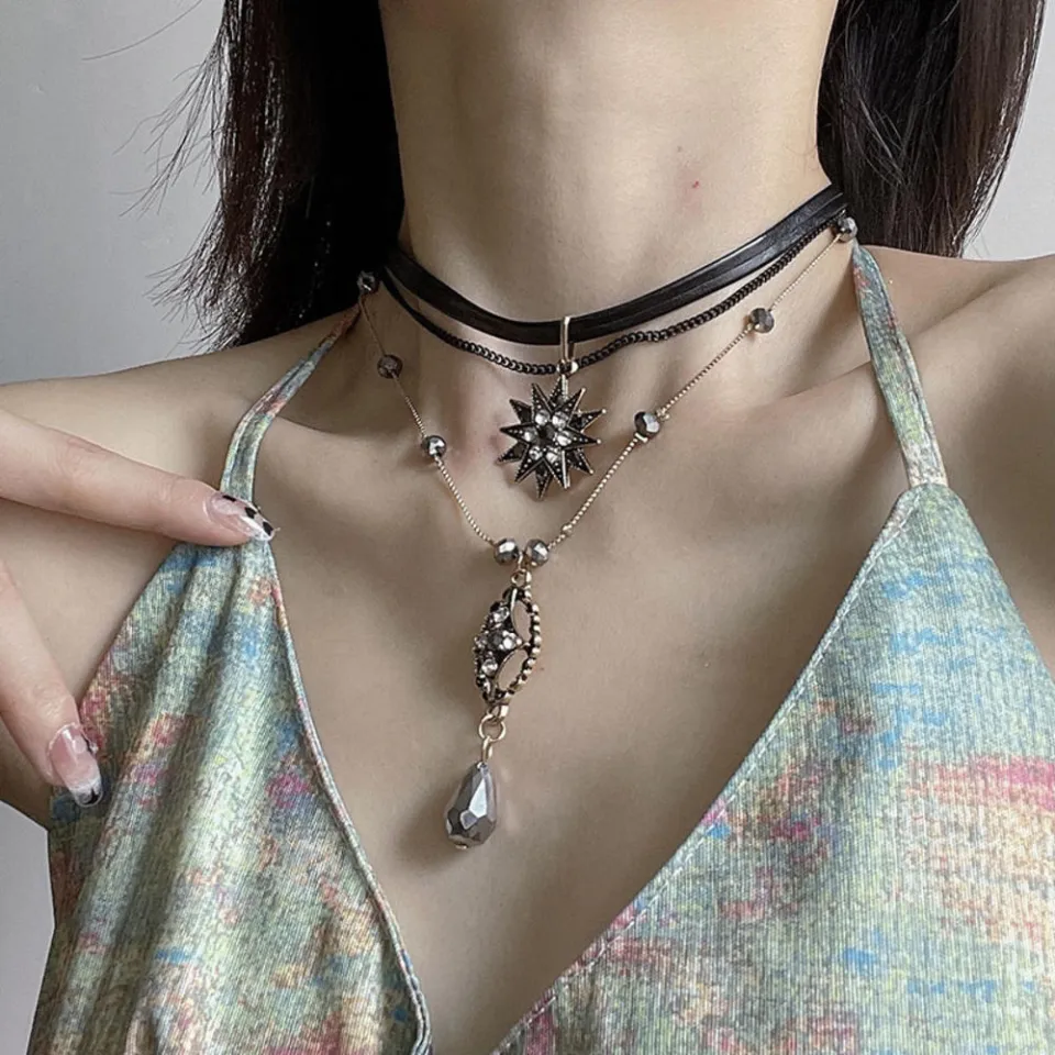 Tear-drop Pendant Multi-Layer Leather Choker Chic Layered Strap