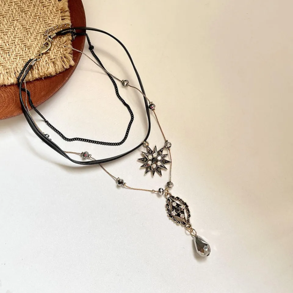 Tear-drop Pendant Multi-Layer Leather Choker Handcrafted Layered