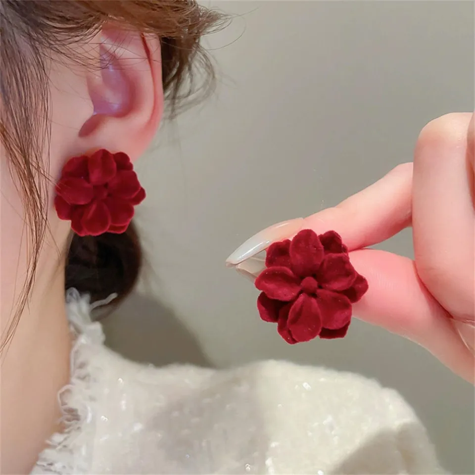 Fashion Simple Earrings Vintage Red Velvet Rose Flower Stud