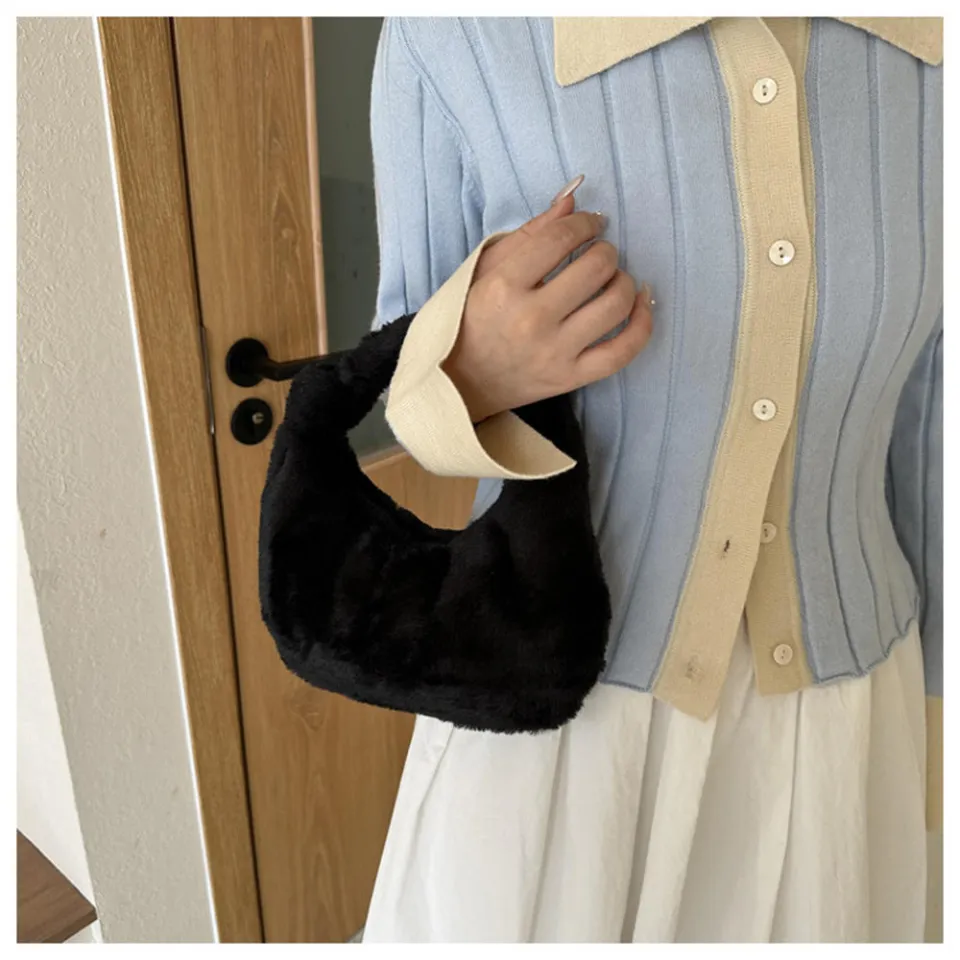 Solid color Shoulder bag Handle Soft Fluffy Handbag Tote bag for