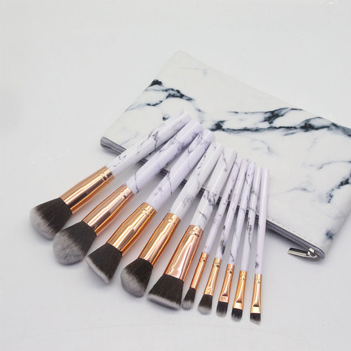 10 marble pattern brush sets, large and 5 small brushes, PU makeup bag, beauty tools