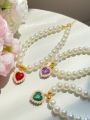 Cat Pearl Necklace Love Pendant Crystal Dog Cute Collar Pet Neck Decoration. 