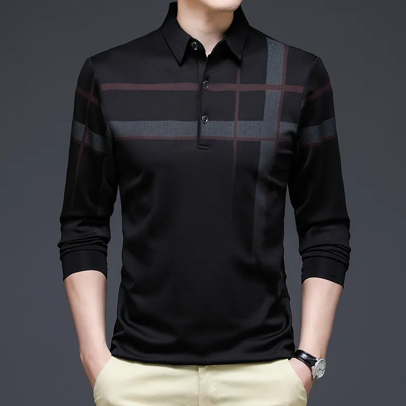 IELGY men s long sleeve korean style elastic slim polo collar shirt