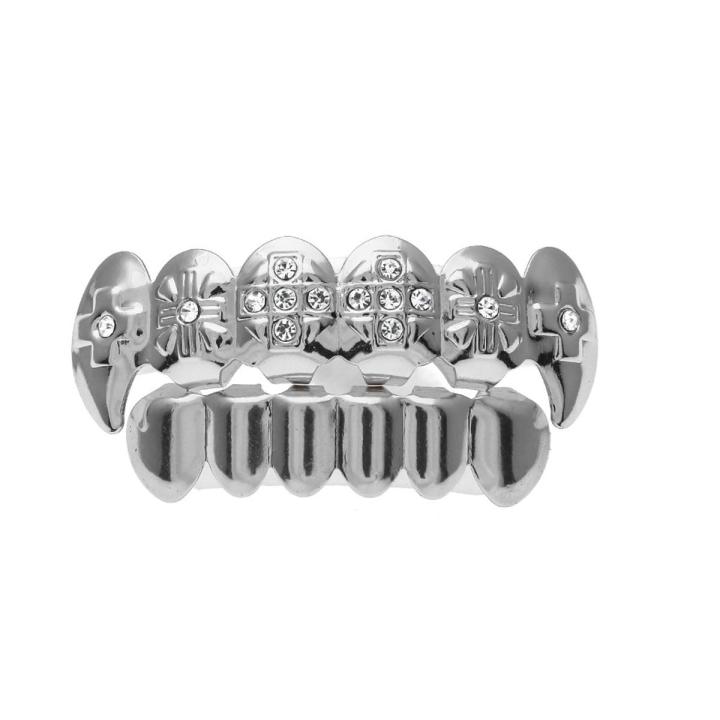 Gold Silver Rhinesto Plated Hip Hop Teeth Grillz Top Bottom Grill Teeth ...