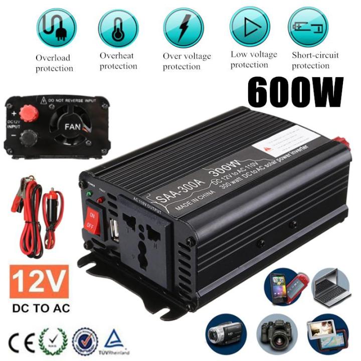 Solar Power Inverter 300W 12V  To 110V AC Modified Sine Wave Converter Black - Black (black)