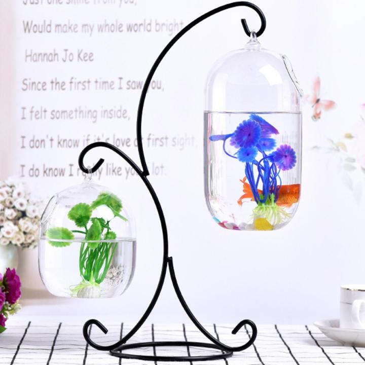 (photo)Glass Fish Tank Small betta Aquarium Desktop Bowl iron stand ...