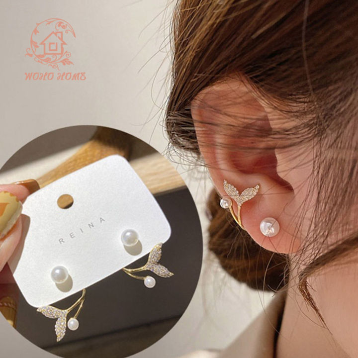 Sanhe pearl fish tail gold silver S Korean earrings with elegant personality luxurious and lightweight suitable for women