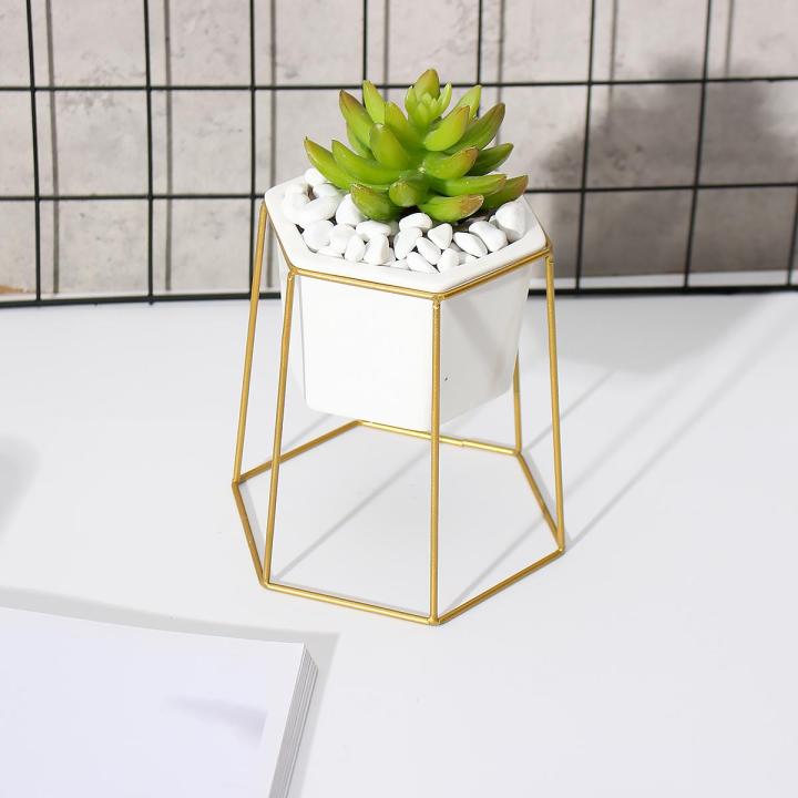 Hexagon Ceramic Plant Pot Metal Rack Holder Set Succulent Flower Planter Garden - Golden