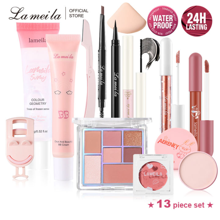 Lameila 13 Piece Face Makeup Set BB cream Eyeliner pen Eyebrow pencil Eye shadow Mascara Lipstick Set up powder Pre makeup lotion Eye shadow Powder blusher Eyebrow knife Eyelash curler Powder puff