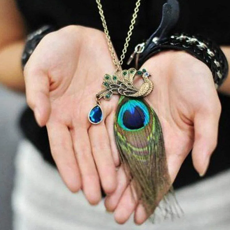 Women Long Necklace Retro Peacock Feather Pendant Alloy Chain Necklaces Gift Daraz.pk