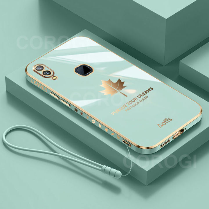 For Vivo Y93 Cover with Hand Strap Luxury Shiny 6D Plating Maple Leaves Pattern Protective Case Square Bumper Soft Silicone Mobile Phone Cases