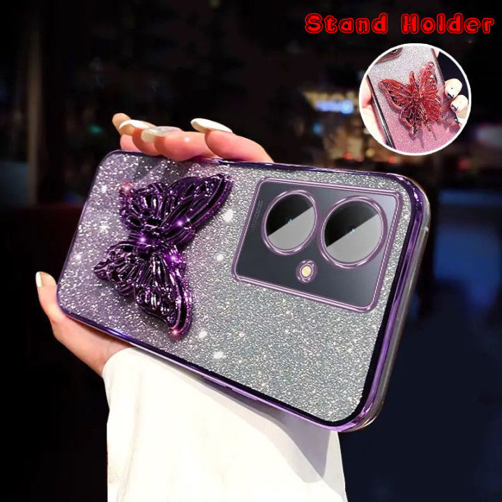 Affordable For Xiaomi Redmi 13 4G / Redmi 13 5G / Redmi 13C 4G / Redmi 13C 5G Back Cover Luxury Slim Gradient Glitter Phone Case with Stylish Cute Butterfly Stand for Girls Clear Soft Silicone Protective Pouch