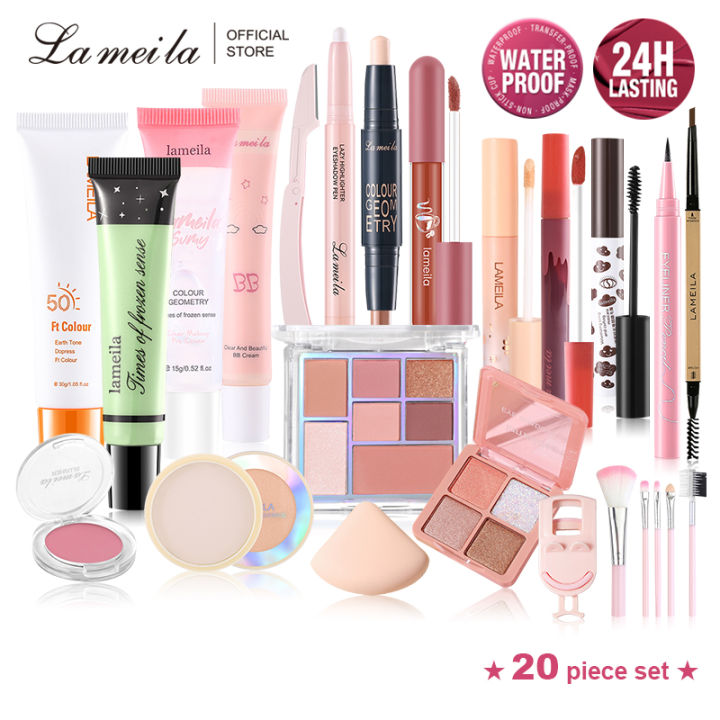 Lameila Full Set Of Cosmetics 20 Pieces BB Cream Front Cream Protection Cream Concealer Set Makeup Powder Eye Cosmetics Mascara Eyeliner Lipstick Eyelash Clip Makeup Tool