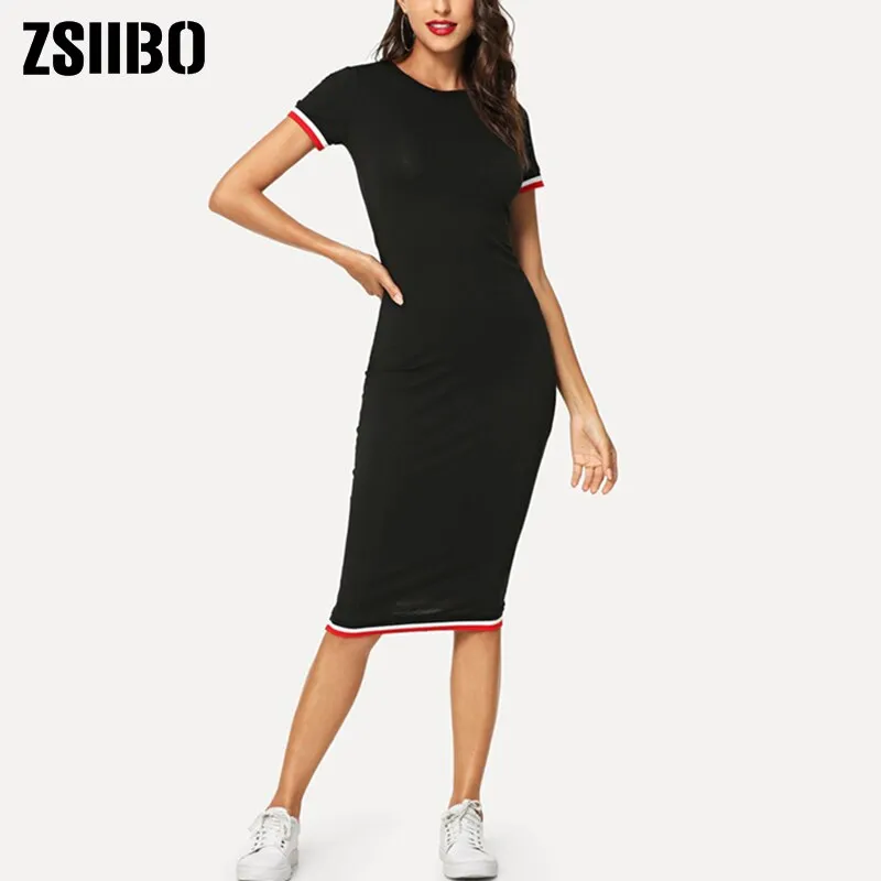 Summer Dress Female Clothes Fit Body Round Neck Knee-Length Bag