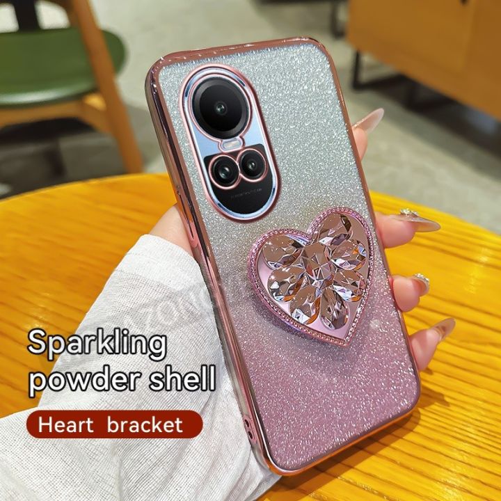 xprmy for OPPO Reno 10 Pro 5G Electroplating Luxury Soft Glitter TPU Cell Phone Back Cover Phone Case Love Shape Bracket Kickstand For Girl Women